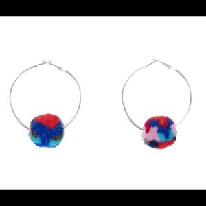 Silver hoop with multi color poms